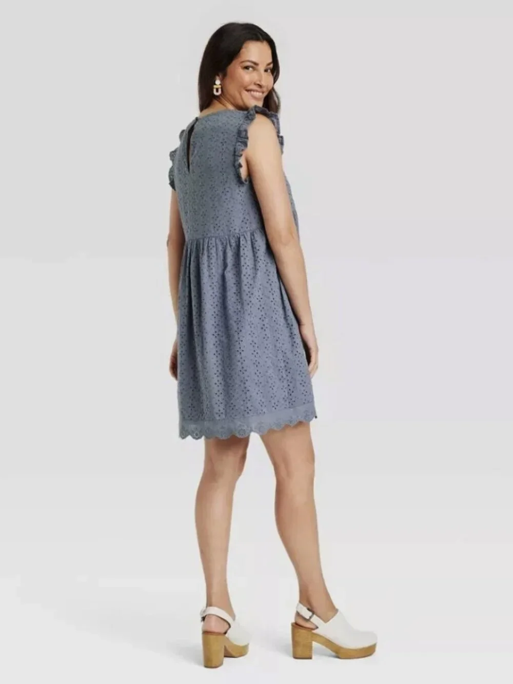 Knox Rose - XL Ruffle Short Sleeve Eyelet Lined A-Line Dress - Blue - Picture 2 of 8